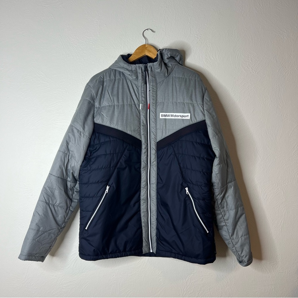 PUMA BMW Motorsport Men's Padded Hooded Jacket Zip Front Gray Black Size XL
